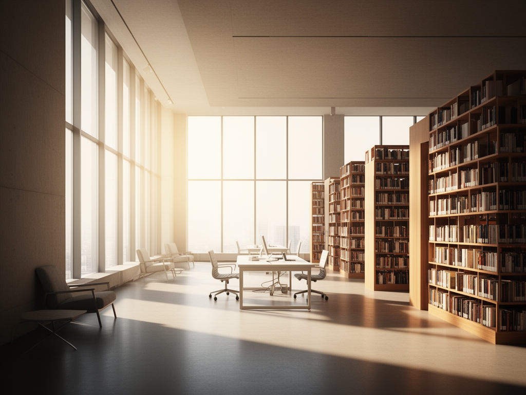 Abstrakcyjne ujęcie wnętrza nowoczesnej biblioteki z głębokimi cieniami i ciepłym rozproszonym światłem padającym przez wysokie okna na rzędy półek z książkami, symbolizujące portal wiedzy Knovan