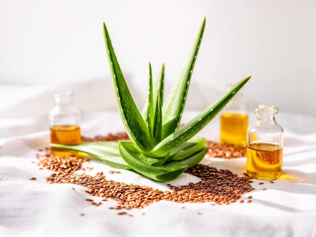 Plastry świeżego aloesu, ziarna lnu i buteleczki olejku arganowego ułożone na białym lnianym materiale, naturalne składniki pielęgnacyjne